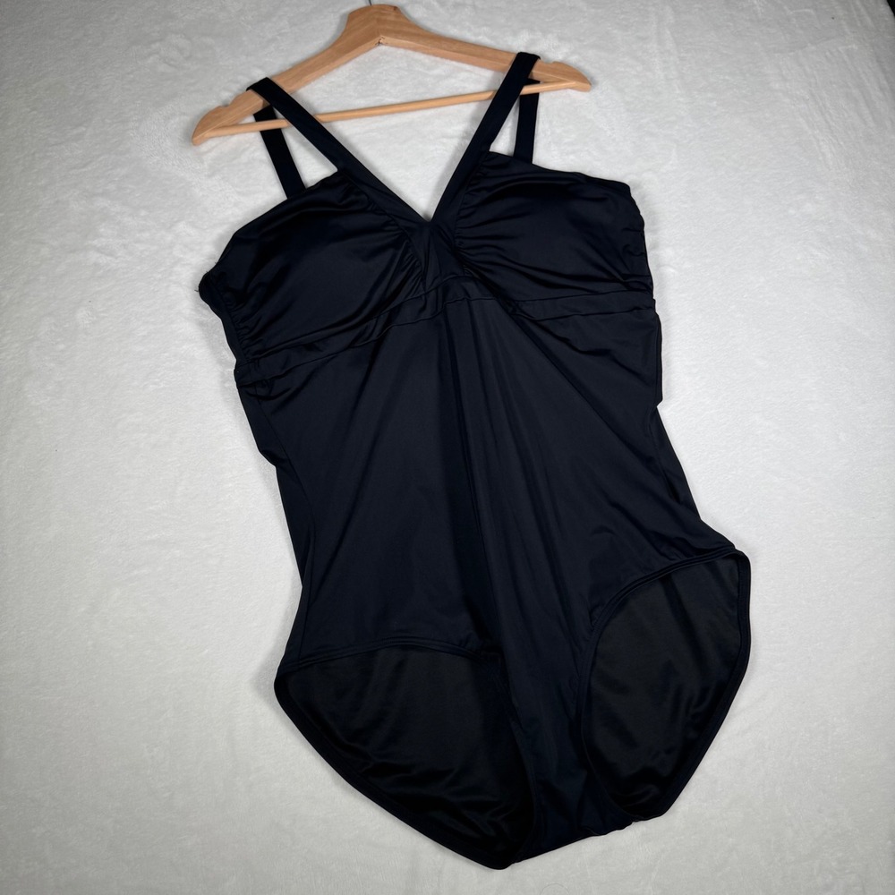 Spanx Womens Black Ruched V-Neck One Piece Shapewear Swimsuit Size 18 RN112121